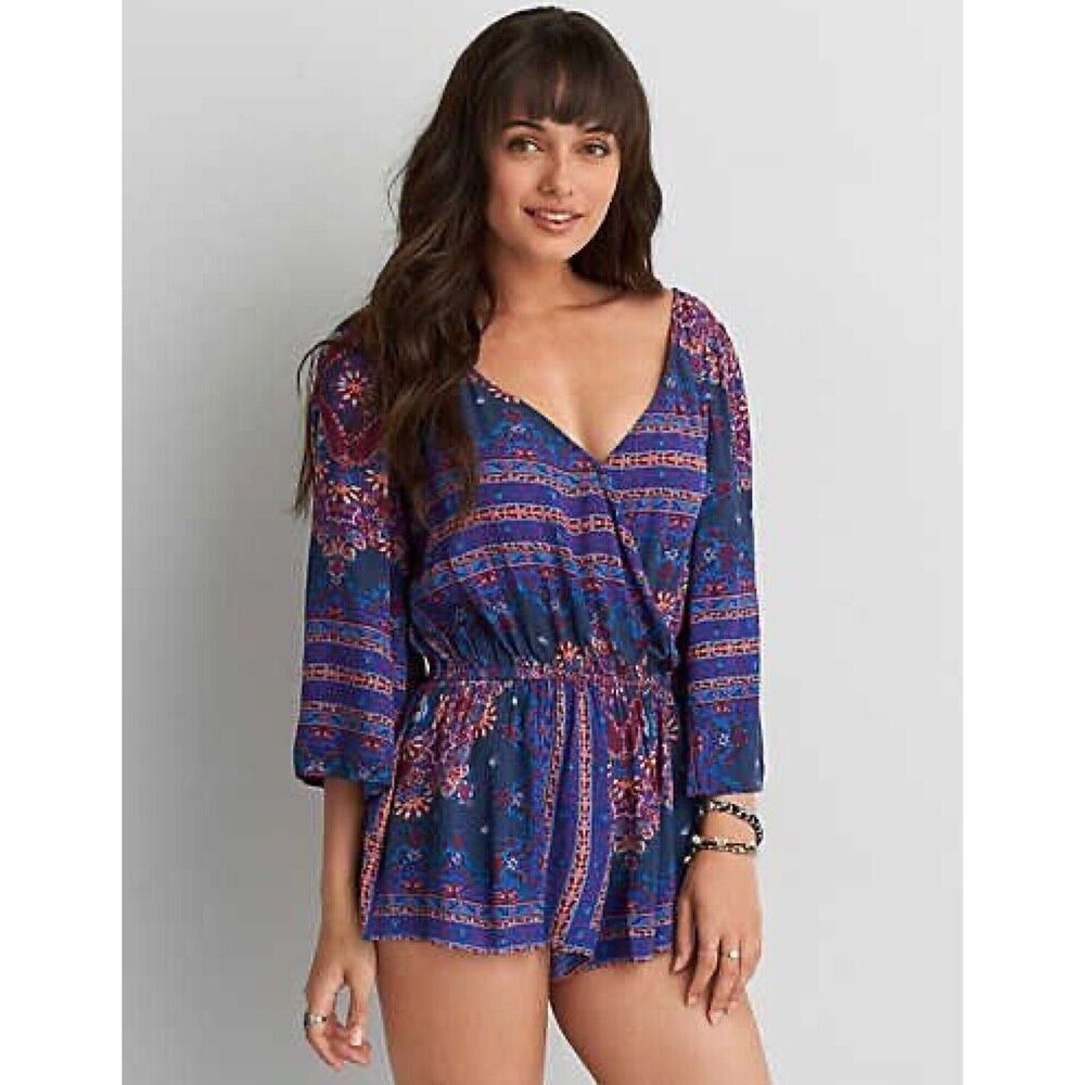 AMERICAN EAGLE Purple Blue Medallion Print Faux Wrap Bell Sleeve Romper Size XXS
